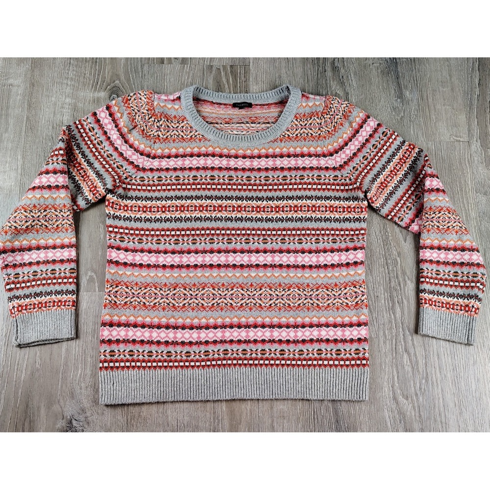 Talbots Medium Fair Isle Knit‎ Sweater Pink Orange Nordic Pattern Crew Neck Cozy